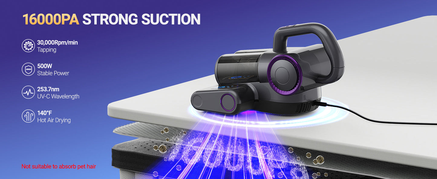 Mattress Vacuum Cleaner 16KPa with UV-C & Heat, HEPA Bed Vacuum (1000W)